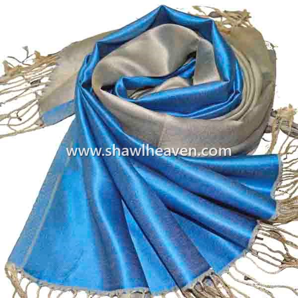 Blue/Beige Two sided, double faced silk scarf
